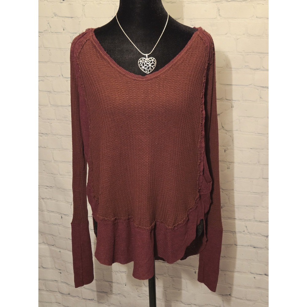 We The Free Thermal Waffle Knit Long Sleeve Tunic Top Oversized Maroon XS - Picture 2 of 9